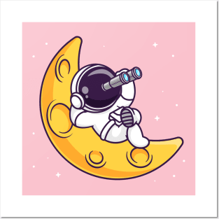 Cute Astronaut Looking Star With Binoculars Cartoon Posters and Art